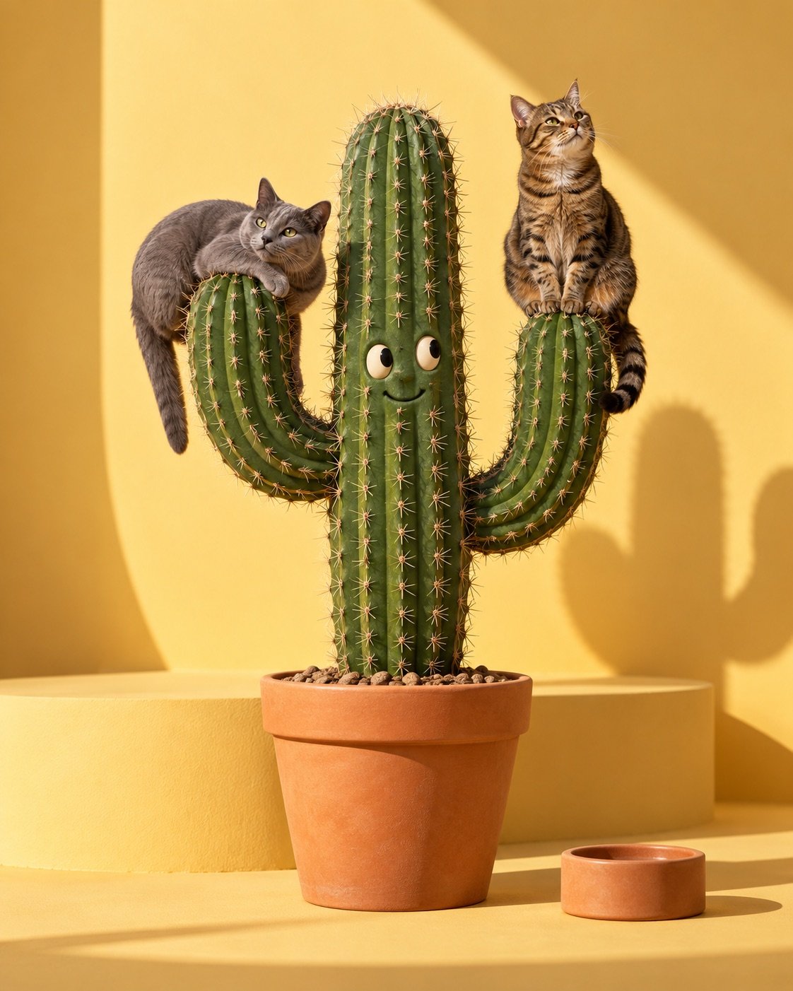 Two cats sitting on the branches of a smiling cactus