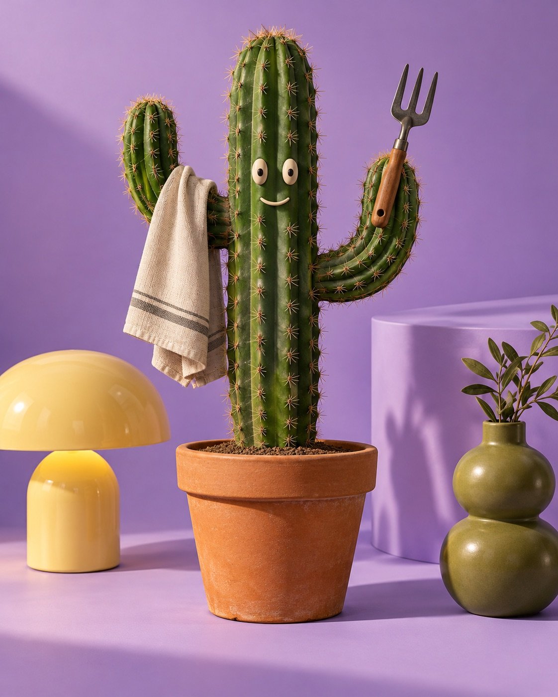 Smiling cactus with a linen towel, garden fork, lamp and vase