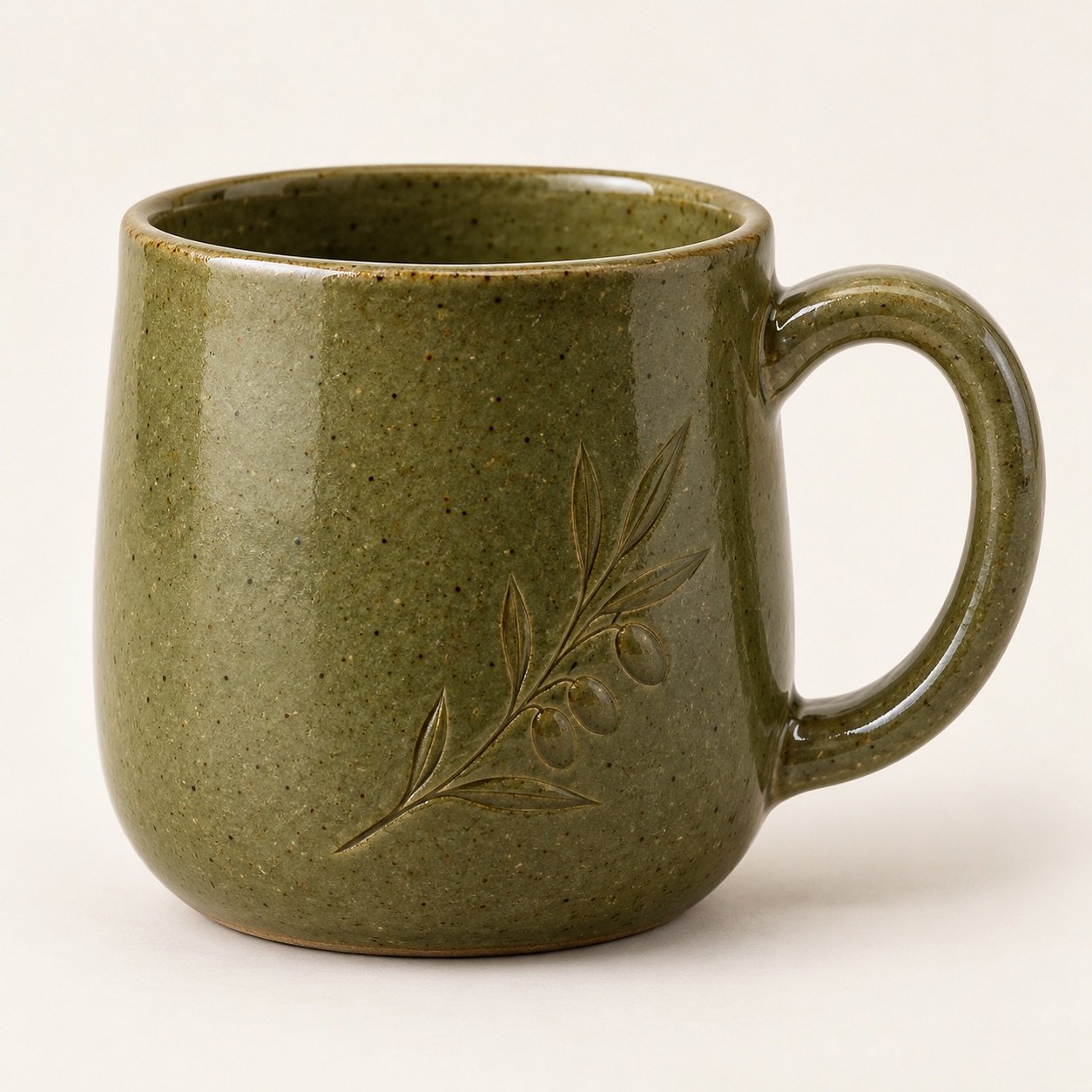 Olive ceramic mug with a botanical engraving
