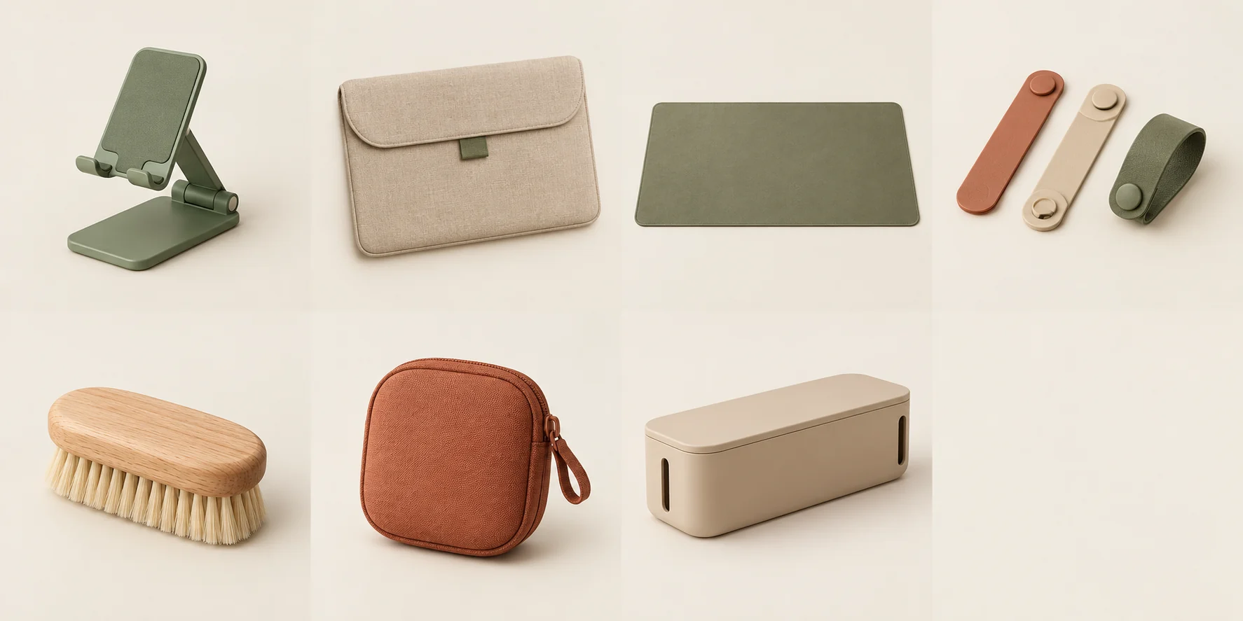 Small wraparound cable ties in terracotta, sand, and olive